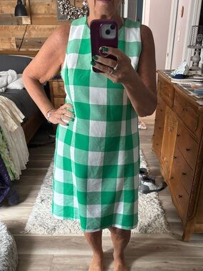 crown & ivy Green and White Gingham Sleeveless Midi Dress with crossed back.